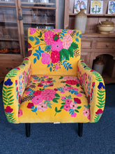 Load image into Gallery viewer, Armchair Upholstered In Yellow Velvet And Embroidered With Colourful Flowers