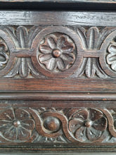 Load image into Gallery viewer, Victorian Ebonised Carved Oak Bookcase With Glazed Doors