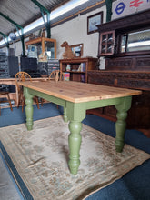 Load image into Gallery viewer, Vintage Pine Farmhouse Scrub Top Dining table with Painted Legs