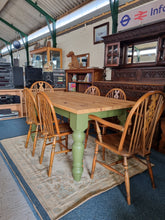 Load image into Gallery viewer, Vintage Pine Farmhouse Scrub Top Dining table with Painted Legs