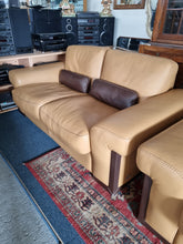 Load image into Gallery viewer, Italian tan and brown leather two seater sofa & snuggle chair