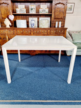 Load image into Gallery viewer, White Extending Dining Table In Metal And Glass With Six Green Perspex Dining Chairs