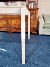 Load image into Gallery viewer, White Extending Dining Table In Metal And Glass With Six Green Perspex Dining Chairs