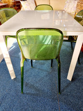 Load image into Gallery viewer, White Extending Dining Table In Metal And Glass With Six Green Perspex Dining Chairs