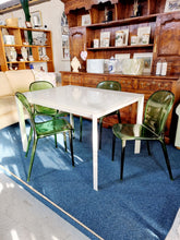 Load image into Gallery viewer, White Extending Dining Table In Metal And Glass With Six Green Perspex Dining Chairs