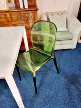 Load image into Gallery viewer, White Extending Dining Table In Metal And Glass With Six Green Perspex Dining Chairs
