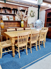 Load image into Gallery viewer, Farmhouse Plank Top Solid Pine Table With Eight Elm Dining Chairs