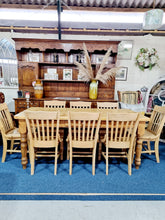 Load image into Gallery viewer, Farmhouse Plank Top Solid Pine Table With Eight Elm Dining Chairs