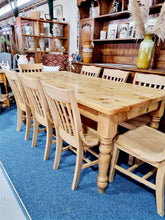 Load image into Gallery viewer, Farmhouse Plank Top Solid Pine Table With Eight Elm Dining Chairs