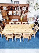 Load image into Gallery viewer, Farmhouse Plank Top Solid Pine Table With Eight Elm Dining Chairs