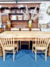 Load image into Gallery viewer, Farmhouse Plank Top Solid Pine Table With Eight Elm Dining Chairs