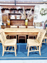 Load image into Gallery viewer, Farmhouse Plank Top Solid Pine Table With Eight Elm Dining Chairs