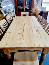 Load image into Gallery viewer, Farmhouse Plank Top Solid Pine Table With Eight Elm Dining Chairs
