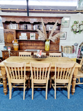 Load image into Gallery viewer, Farmhouse Plank Top Solid Pine Table With Eight Elm Dining Chairs