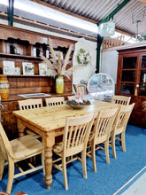 Load image into Gallery viewer, Farmhouse Plank Top Solid Pine Table With Eight Elm Dining Chairs