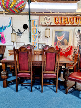 Load image into Gallery viewer, Solid Oak Jacobean Style Extending Dining Table & Six Leather Dining Chairs