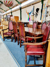 Load image into Gallery viewer, Solid Oak Jacobean Style Extending Dining Table & Six Leather Dining Chairs
