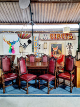 Load image into Gallery viewer, Solid Oak Jacobean Style Extending Dining Table & Six Leather Dining Chairs