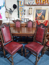 Load image into Gallery viewer, Solid Oak Jacobean Style Extending Dining Table & Six Leather Dining Chairs