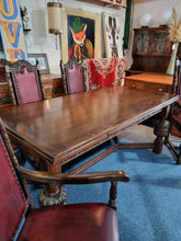 Load image into Gallery viewer, Solid Oak Jacobean Style Extending Dining Table & Six Leather Dining Chairs