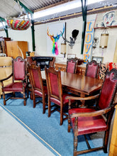 Load image into Gallery viewer, Solid Oak Jacobean Style Extending Dining Table & Six Leather Dining Chairs