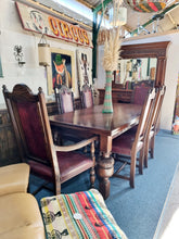 Load image into Gallery viewer, Solid Oak Jacobean Style Extending Dining Table & Six Leather Dining Chairs