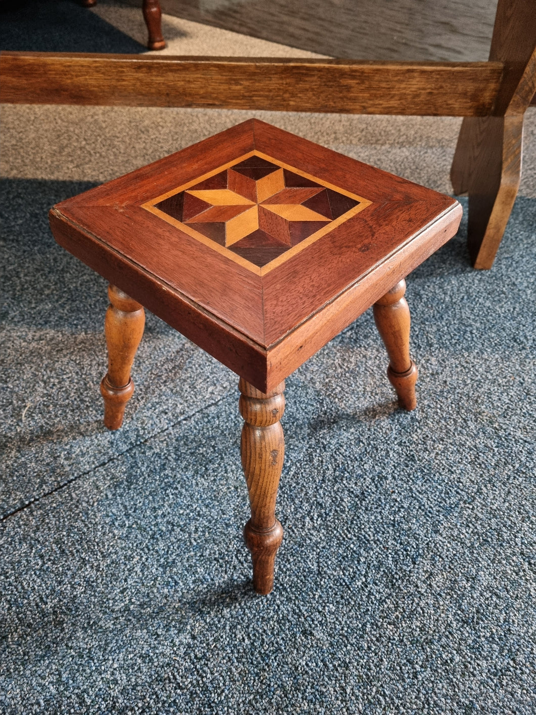 Vintage Small Inlaid Oak & Mahogany Stool