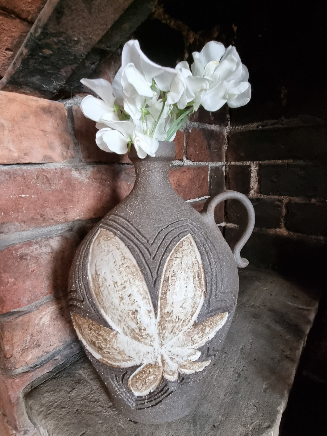 Pretty Vintage Stoneware Dimpled Handled Vase