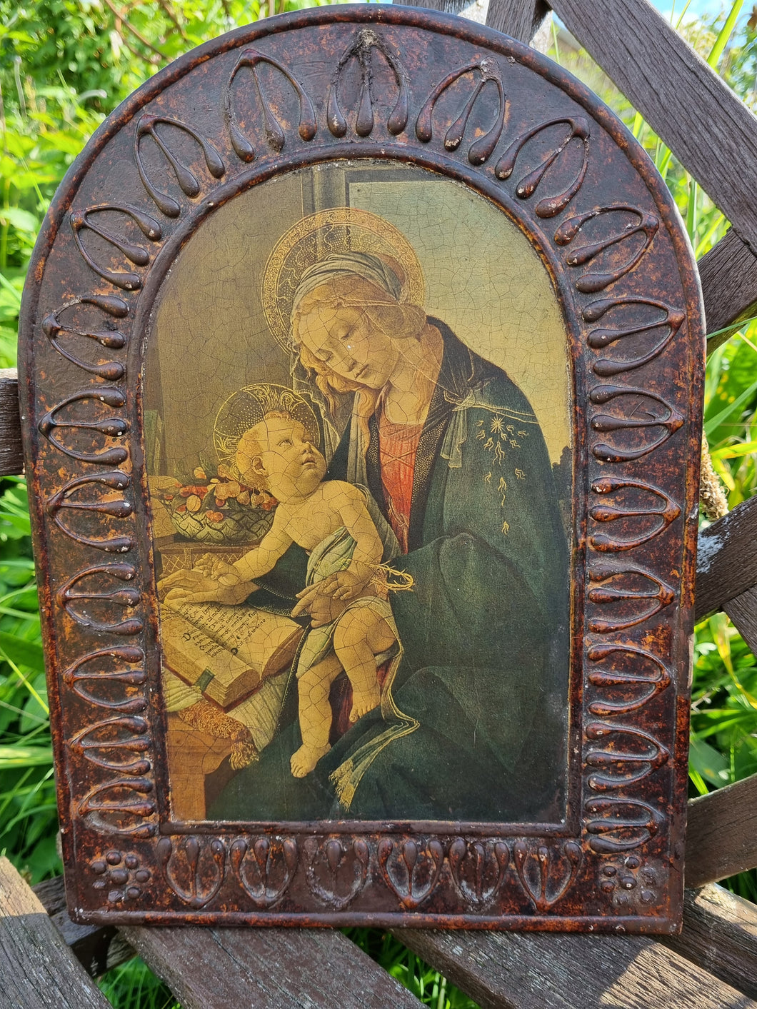 Vintage French Picture Of Madonna With Child On Wood