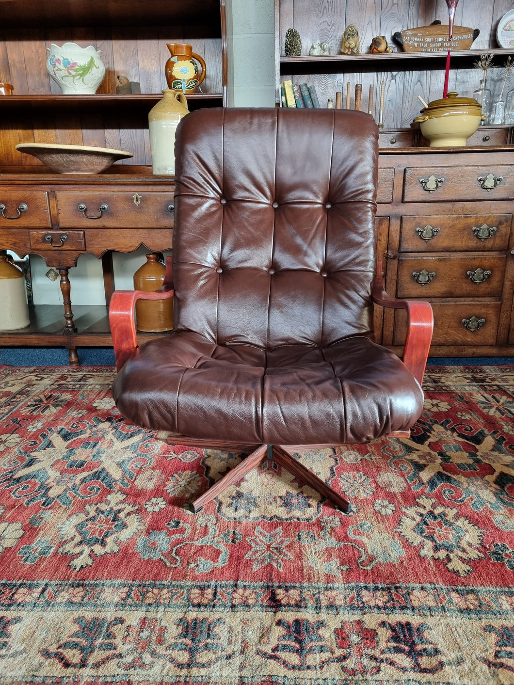 Mid Century Bentwood  Brown Leather Swivel Armchair