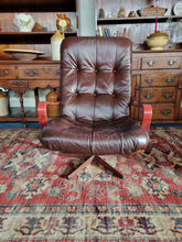 Load image into Gallery viewer, Mid Century Bentwood  Brown Leather Swivel Armchair
