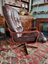 Load image into Gallery viewer, Mid Century Bentwood  Brown Leather Swivel Armchair
