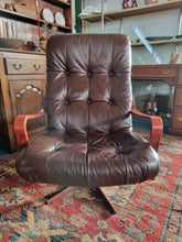 Load image into Gallery viewer, Mid Century Bentwood  Brown Leather Swivel Armchair
