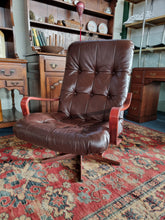 Load image into Gallery viewer, Mid Century Bentwood  Brown Leather Swivel Armchair
