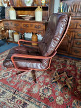 Load image into Gallery viewer, Mid Century Bentwood  Brown Leather Swivel Armchair
