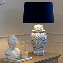 Load image into Gallery viewer, Malabar Blue And White Ceramic Lamp With Blue Velvet Shade
