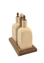 Load image into Gallery viewer, Ceramic Oil and Vinegar (Olio/Aceto) Bottle Set &amp; Mango Wood Holder
