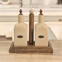 Load image into Gallery viewer, Ceramic Oil and Vinegar (Olio/Aceto) Bottle Set &amp; Mango Wood Holder
