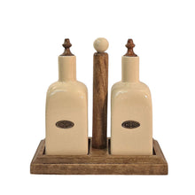 Load image into Gallery viewer, Ceramic Oil and Vinegar (Olio/Aceto) Bottle Set &amp; Mango Wood Holder
