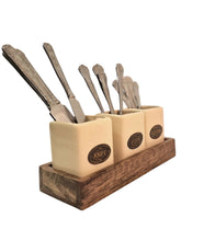 Load image into Gallery viewer, Knife, Fork &amp; Spoon Ceramic Holder Set, with Mango Wood Tray
