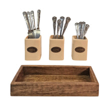 Load image into Gallery viewer, Knife, Fork &amp; Spoon Ceramic Holder Set, with Mango Wood Tray
