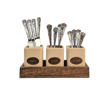 Load image into Gallery viewer, Knife, Fork &amp; Spoon Ceramic Holder Set, with Mango Wood Tray
