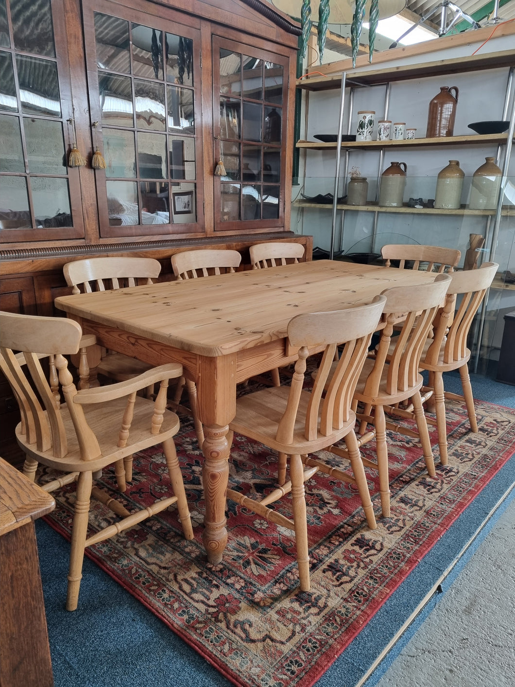 Pine Farmhouse Scrub Top Kitchen Dining Table & Eight Dining Chairs