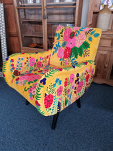 Load image into Gallery viewer, Armchair Upholstered In Yellow Velvet And Embroidered With Colourful Flowers
