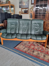 Load image into Gallery viewer, Ekornes Stressless Green Leather And Teak Three Piece Suite
