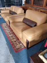 Load image into Gallery viewer, Italian tan and brown leather two seater sofa &amp; snuggle chair
