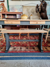 Load image into Gallery viewer, Farmhouse Vintage Scrub Top Pine Dining Table With Painted Legs And Two Drawers
