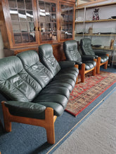 Load image into Gallery viewer, Ekornes Stressless Green Leather And Teak Three Piece Suite

