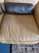 Load image into Gallery viewer, Italian tan and brown leather two seater sofa &amp; snuggle chair
