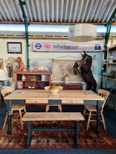 Load image into Gallery viewer, Farmhouse Vintage Scrub Top Pine Dining Table With Painted Legs And Two Drawers
